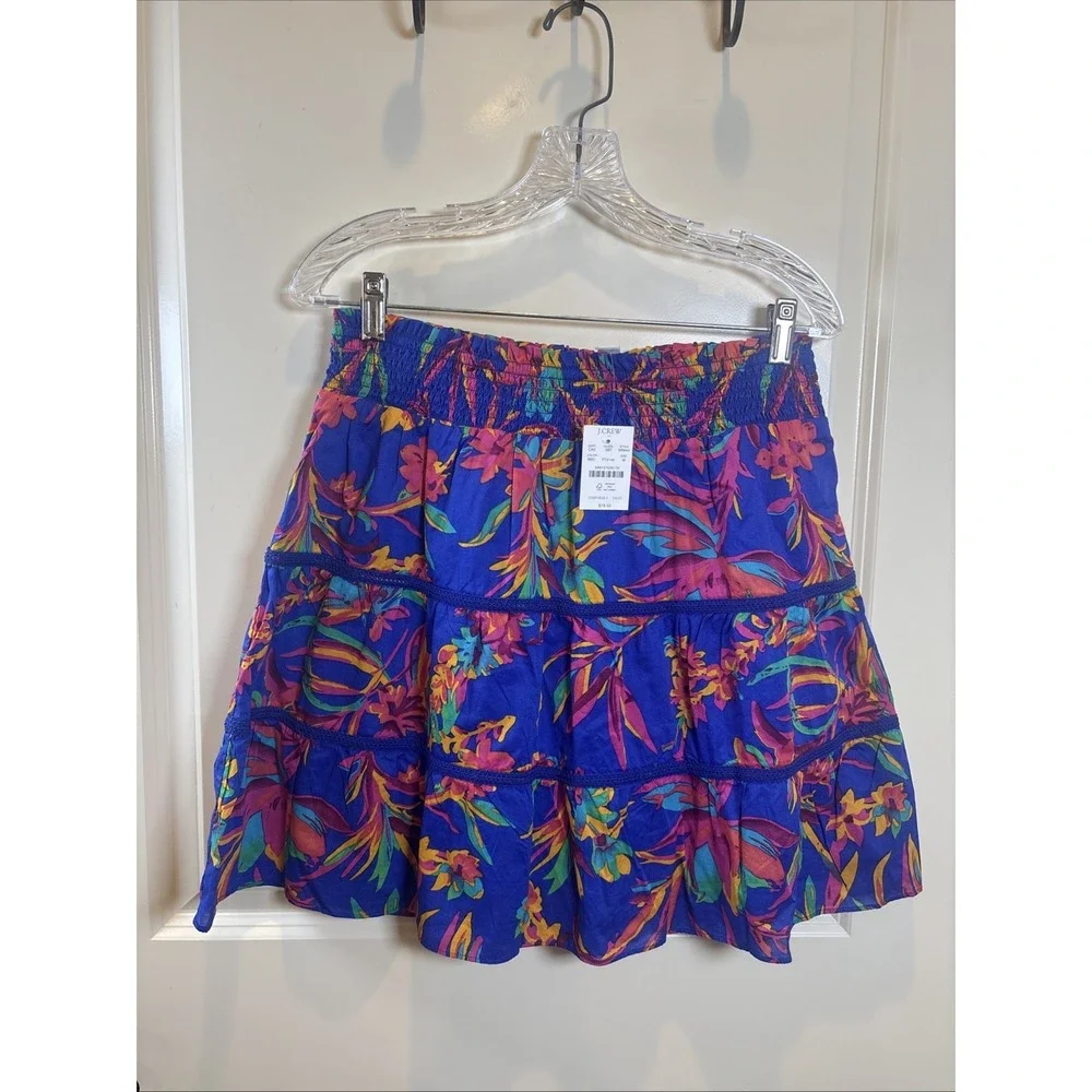 NWT J. Crew Tropical Floral Smocked Tiered Mini Skirt Crochet Trim Boho Medium
